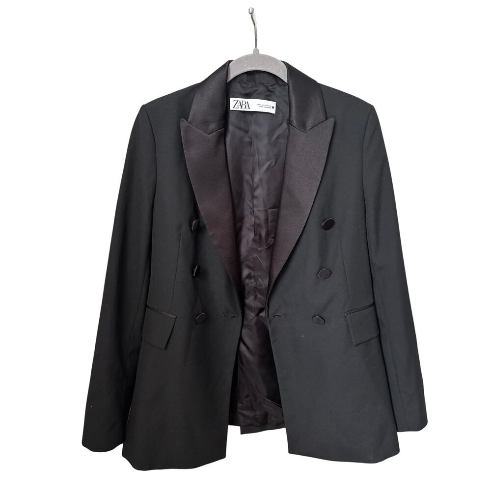ZARA Black Double Breasted Tuxedo Blazer Satin Lapel Women’s XS EU 34 - Picture 1 of 12